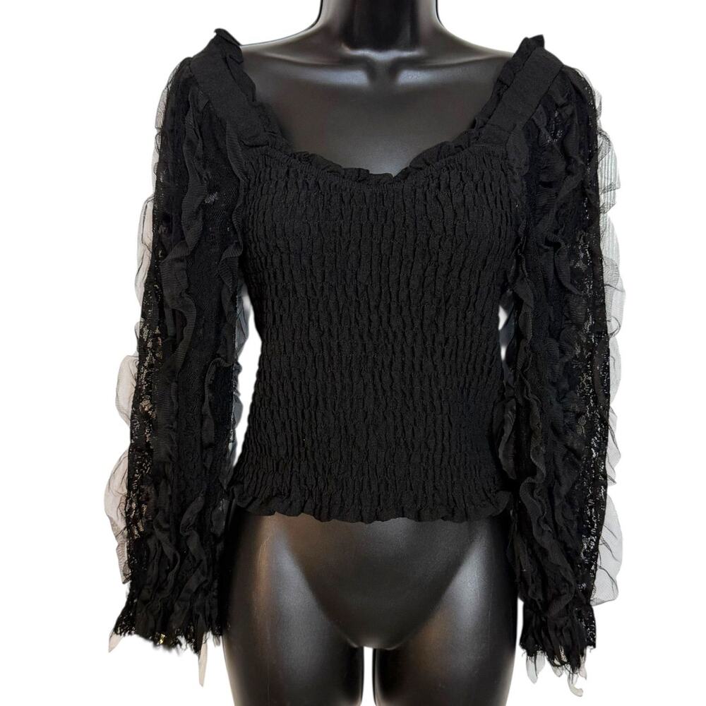 SWEET RAIN LACE RUCHED STRETCH TOP W RUFFLE SLEEVES M COQUETTE WHIMSIGOTH FAIRY